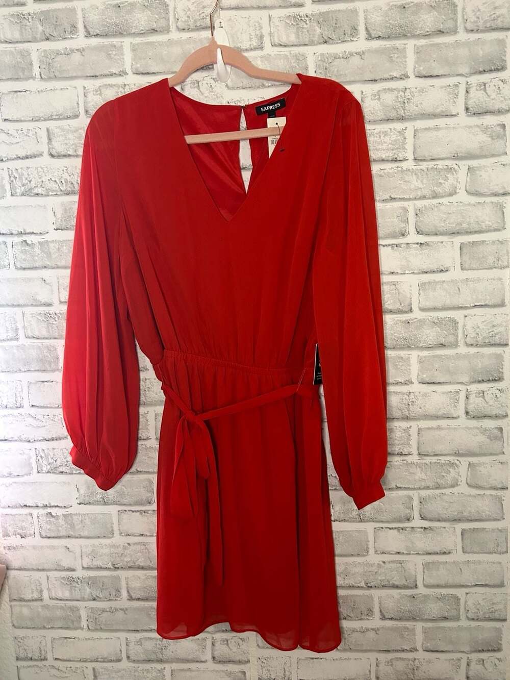 Express Women's Long Sleeve V-Neck Tie Waist Mini Dress in Red